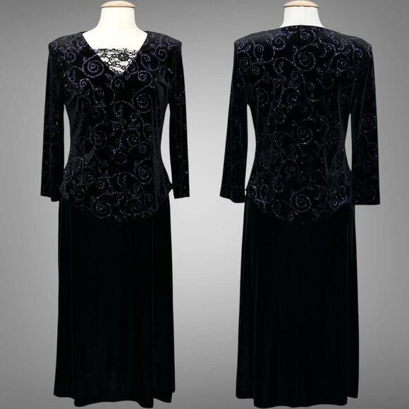 VTG‎ Whimsigoth Women Dress 10 Black Velvet Purple Sparkle Midi Party Dark Fairy - Picture 1 of 14